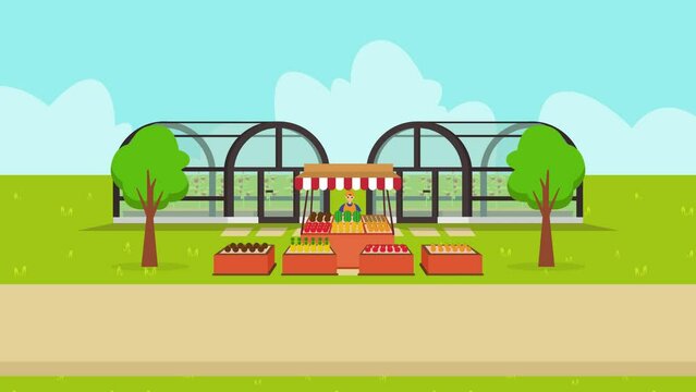 Male farmer sell organic fruits near greenhouse