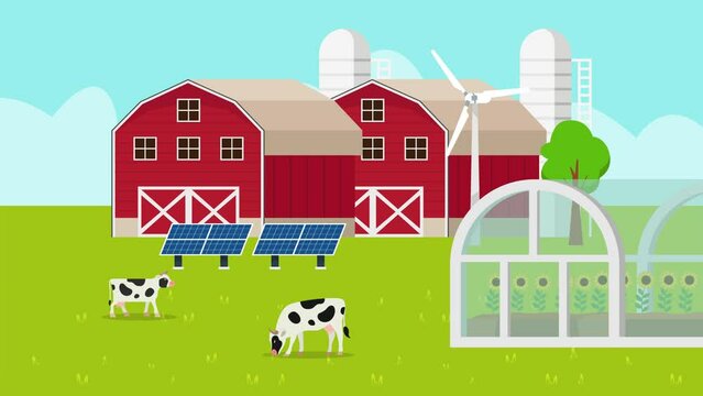 Modern farm with solar panel and windmills