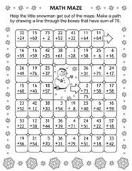 Math maze with addition facts: Help the little snowman get out of the maze. Make a path by drawing a line through the boxes that have sum of 75. Winter and holidays themed.
