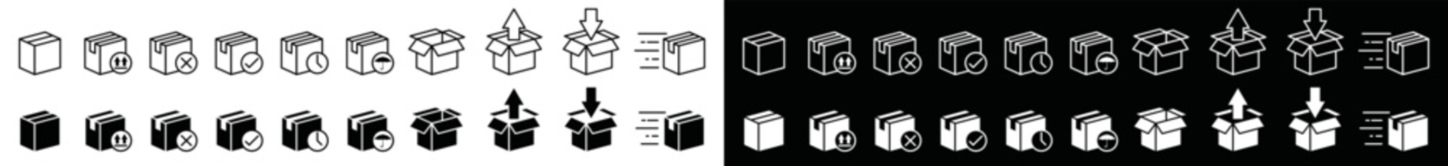 Box icon vector collection. Empty, open shipping box or unboxing icon. Carton boxes sign silhouette. Outline and flat of box symbol illustration. Shipping box status icon set