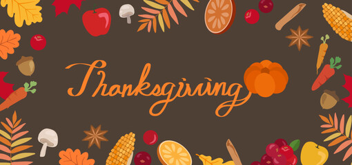Fototapeta na wymiar Autumn food hand drawn illustration. Traditional thanksgiving meal, festive dinner concept. Roast turkey, Apple pie, cranberries, pumpkin pie, mulled wine, mashed potatoes, stuffing.
