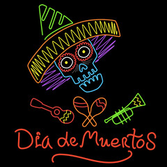 Linear multi-colored Skull in a sombrero with a guitar, maracas, and a pipe on a black background. Colorful graphics for the Day of the Dead. Dia de Muertos Stock Vector Illustration