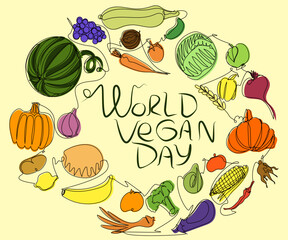 Round frame with vegetables and fruits in one line with colored silhouette. Vector illustration for World Vegan Day. Healthy food concept with place for text. Stock square image.