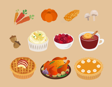 Autumn Food Hand Drawn Illustration. Traditional Thanksgiving Meal,  Festive Dinner Concept. Roast Turkey,  Apple Pie, Cranberries, Pumpkin Pie, Mulled Wine,  Mashed Potatoes, Stuffing.