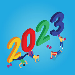 2023 new year fitness man workout gym equipment isometric 3d vector illustration concept for banner, website, illustration, landing page, flyer, etc.