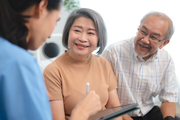 health insurance of retired assistance concept, woman nurse or doctor help support senior patient...