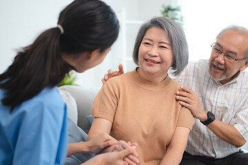 health insurance of retired assistance concept, woman nurse or doctor help support senior patient at home, medicine caregiver having medical health care for elderly female to happy care at home