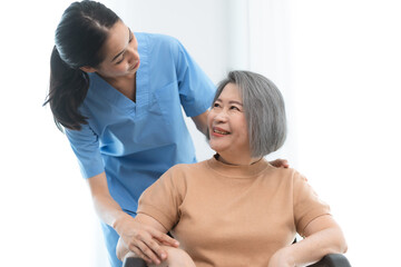 Obraz premium health insurance of retired assistance concept, woman nurse or doctor help support senior patient at home, medicine caregiver having medical health care for elderly female to happy care at home