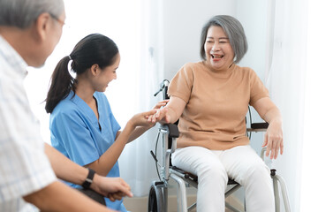 health insurance of retired assistance concept, woman nurse or doctor help support senior patient at home, medicine caregiver having medical health care for elderly female to happy care at home