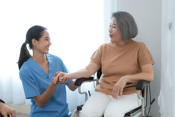 Fototapeta premium health insurance of retired assistance concept, woman nurse or doctor help support senior patient at home, medicine caregiver having medical health care for elderly female to happy care at home