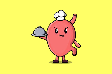 Cute Cartoon chef Stomach mascot character serving food on tray cute style design illustration