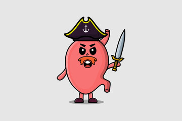 Obraz premium Cute cartoon mascot character Stomach pirate with hat and holding sword in modern design