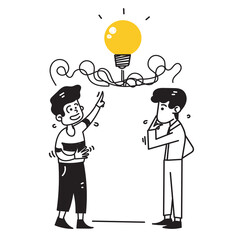 hand drawn doodle people with tangled bulb symbol for teamwork solving business problems illustration