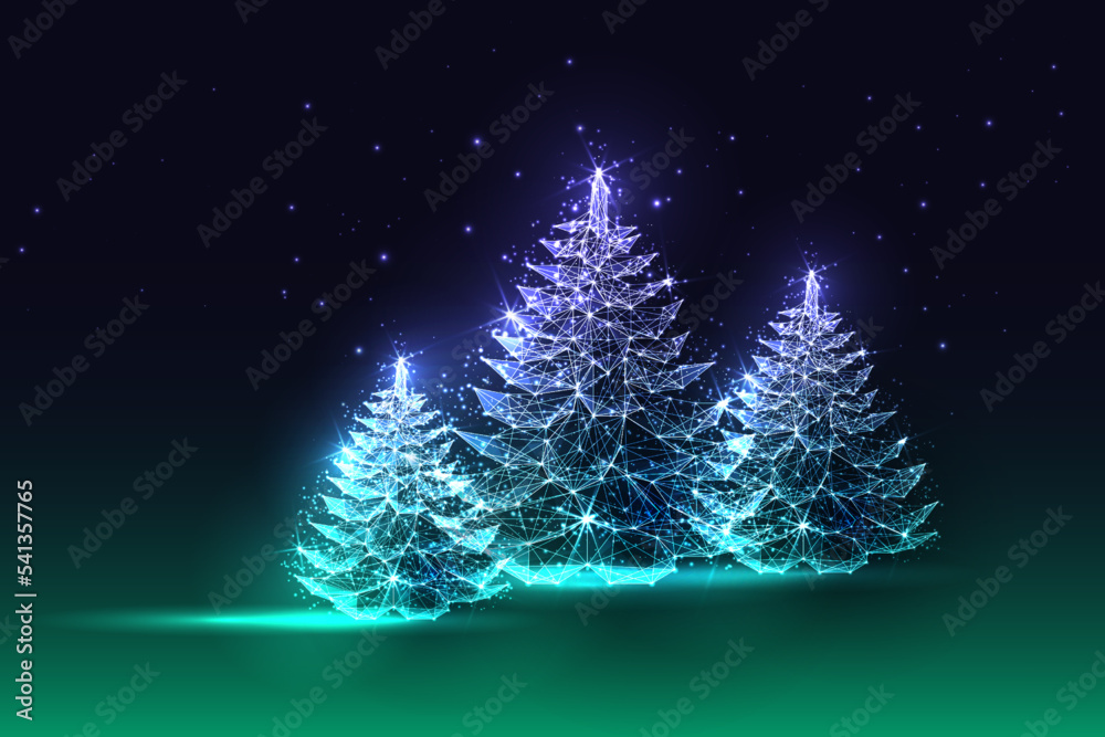 Wall mural northern lights christmas greeting card with glowing spruce tree forest, futuristic polygonal style