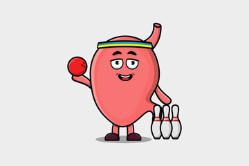 Cute cartoon Stomach character playing bowling in flat modern style design illustration