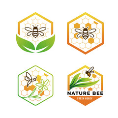 set of natural bee fresh honey logo design template