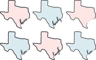 Texas outline word signs with different text including home howdy live laugh and love.