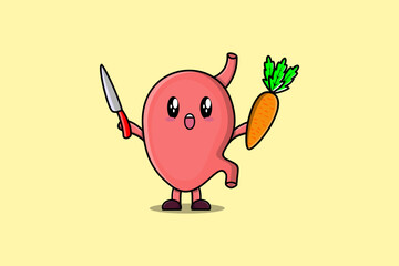 Cute cartoon Stomach character holding knife and carrot in modern style design