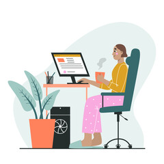 Freelance woman working on a laptop at home, dressed in home clothes. The concept of freelancing and remote work. Flat vector illustration. 