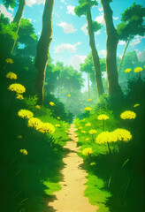Cozy Fantasy Forest path, Blue Sky, Long Shadows, Peaceful Afternoon. Japanese Anime Style Art Landscape Illustration Background