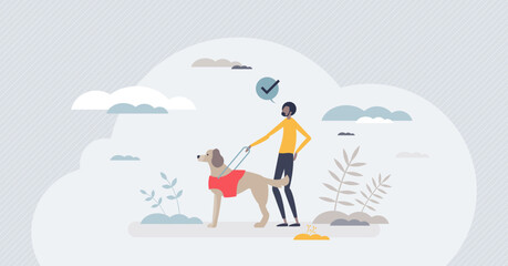 Service dog and animal assistance for disable owners tiny person concept. Blind guidance and handicapped people with professional trained pets vector illustration. Labrador retriever special support.