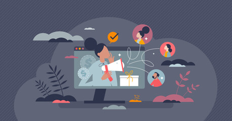 Referral customer with product recommendation to others tiny person concept. Spreading positive feedback over social media sites vector illustration. Marketing strategy with brand loyalty content.
