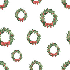 Watercolor seamless pattern with Christmas wreaths with fir branches