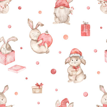 Watercolor Christmas seamless pattern with bunnies, gifts, symbol of the year, balls  копия