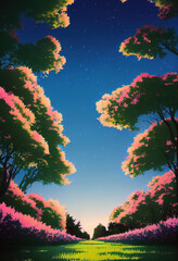 Fototapeta na wymiar Cozy Fantasy Forest path, Blue Sky, Long Shadows, Peaceful Afternoon. Japanese Anime Style Art Landscape Illustration Background