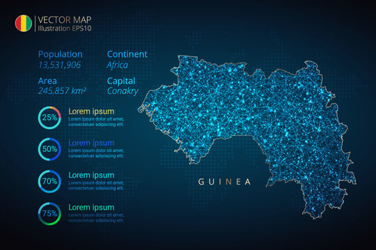 Guinea map infographics vector template with abstract geometric mesh polygonal light concept on blue background. Template for diagram, graph, presentation and chart
