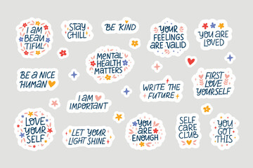 Mental health stickers flat vector illustration set. Collection self care and love inspirational quotes. Positive motivation saying for daily planner, scrapbook, diary, calendar, organizer.