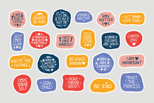 Collection mental health stickers. Self care and love flat vector illustration set. Inspirational quotes. Positive motivation saying for daily planner, scrapbook, diary, calendar.