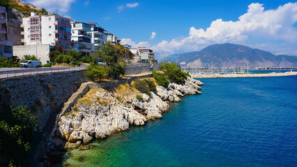 Fototapeta premium Panoramic tropical sea, beach landscape from Finike, Antalya, Turkey.