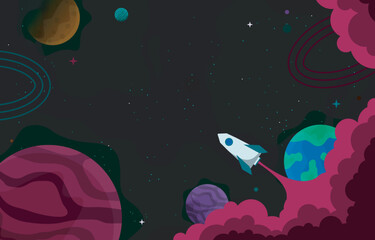 Naklejka premium Rocket Outer Space Craft Planet Stars Adventure Illustration