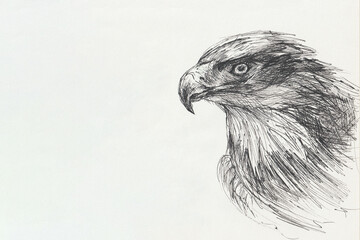 Eagle drawing with a black pen. Portrait of a proud bird on paper. Author's illustration. Beautiful birds quick sketch by hand. Drawing for the design of books, notebooks, printed products. Copy space
