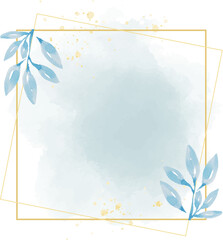 hand drawn blue leaf frame on watercolor blue splash background