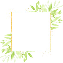 watercolor green leaves gold glitter wreath frame