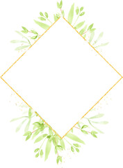Fototapeta na wymiar watercolor green leaves gold glitter wreath frame