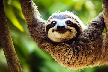 Close up of a happy sloth. Generative AI - obrazy, fototapety, plakaty