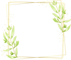 watercolor green leaves gold glitter wreath frame for logo or banner