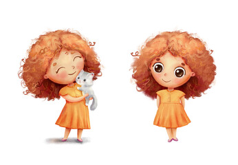 Cute girl in yellow dress with big eyes holds small gray kitten in her arms. Funny hand drawn character in cartoon style isolated on white