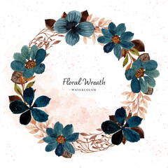 Lovely Rustic Indigo Blue Watercolor Floral Wreath With Abstract Stain