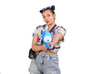 Portrait cute woman in Songkran festival with water gun