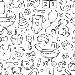 children's pattern with items for newborns hand-drawn in doodle style