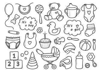 a set of elements of born children hand-drawn in doodle style