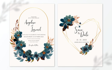 Set of Rustic Indigo Blue Watercolor Floral Wedding Invitation