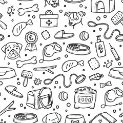 pattern of pet products elements drawn in hand-style doodle