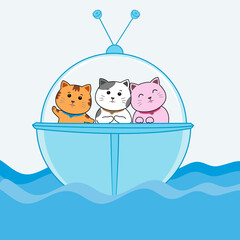 Vector of cat cartoon character drawing, three cute cats, brown white pink, in a blue glasses capsule boat floating on the blue sea 