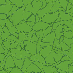 Vector seamless pattern with green ginkgo leaves fallen, abstract autumn leaf drawing on dark green background for fashion clothing fabric textiles printing, wallpaper and paper wrapping