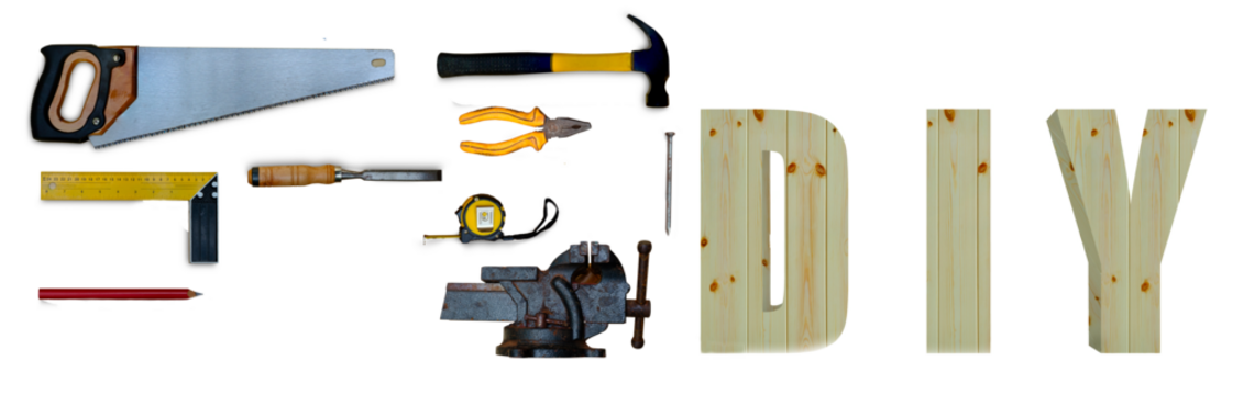 Tools and wood letters of DIY - Powered by Adobe